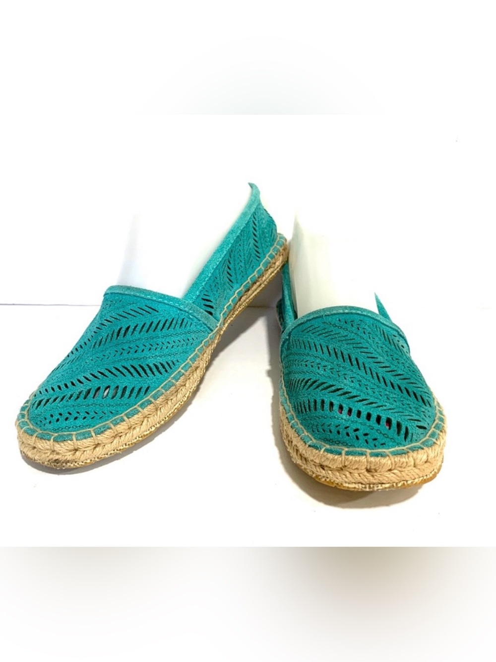 Coach Justeen Turquoise Blue Perforated Suede Whipstitched Espadrille Flats Sz 5 - Picture 4 of 15